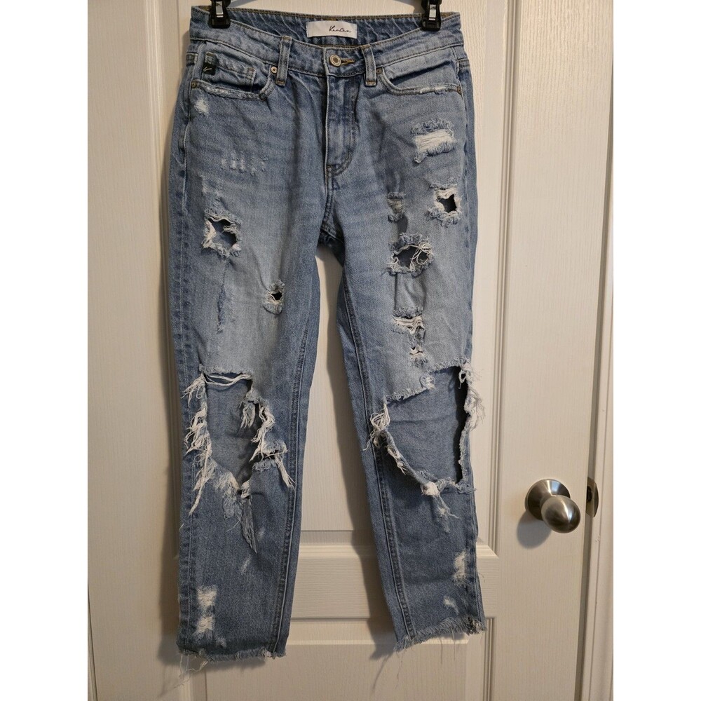 Kancan light/med wash distressed denim jeans with frayed, raw hems sz 1/24 (284)